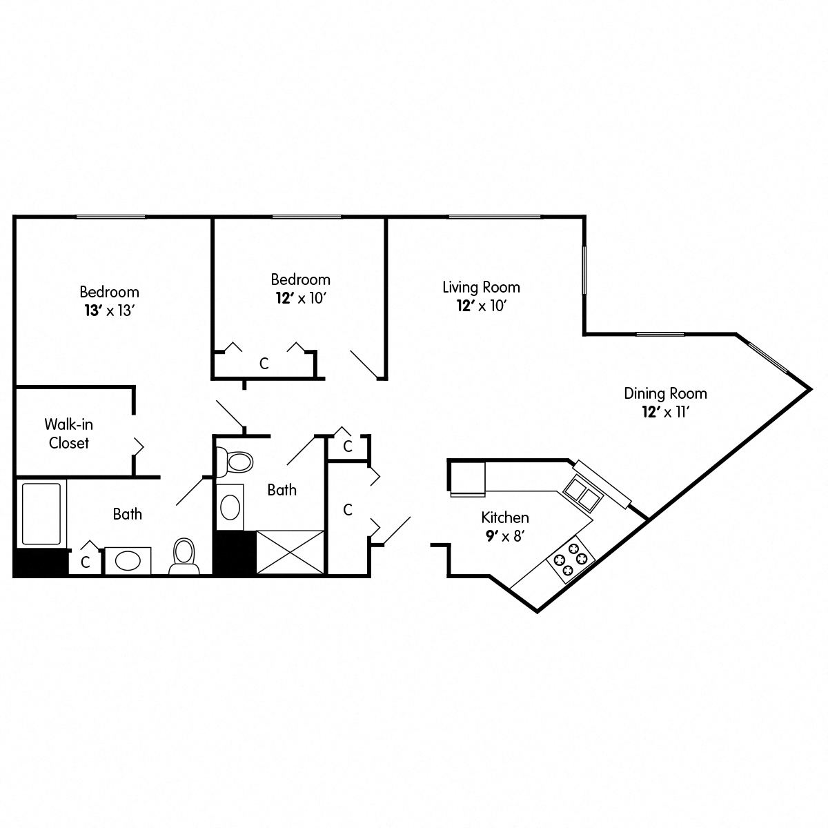 Floor plan for 2 beds, 2 baths, 1022 sqft